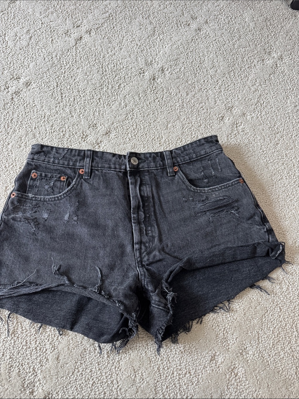 Zara Black High-Waist Distressed Denim Shorts